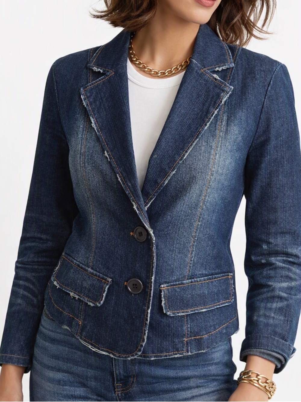 Vintage Distressed Denim Blazer Jacket VTG Two Button Faded Blue Size Medium